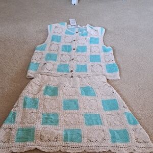 AZ Crochet Vest and Skirt Set in Cream and Turquoise